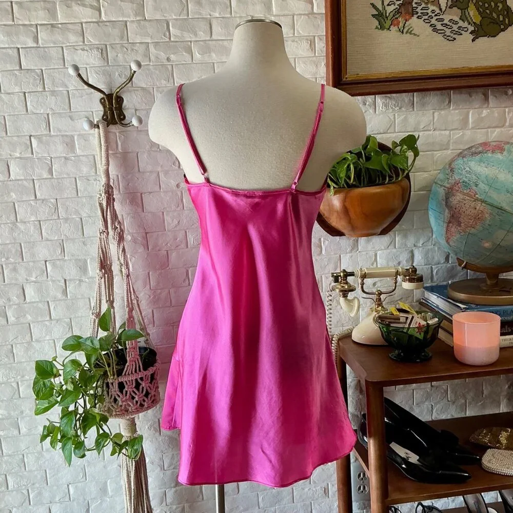Vintage Linea Donatella Hot Pink Black Lace Satin Mini Slip Dress - Picture 6 of 11